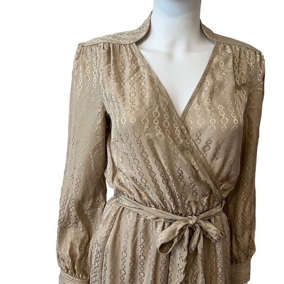 Trina Turk Champagne Silk Chain Faux Wrap Long Sleeve Dress, 0 - Picture 3 of 10